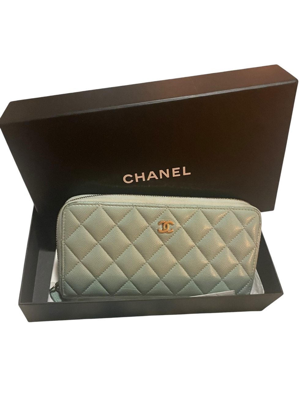 Authentic Chanel Mint Green Caviar Leather Classic Zip Around Wallet GHW